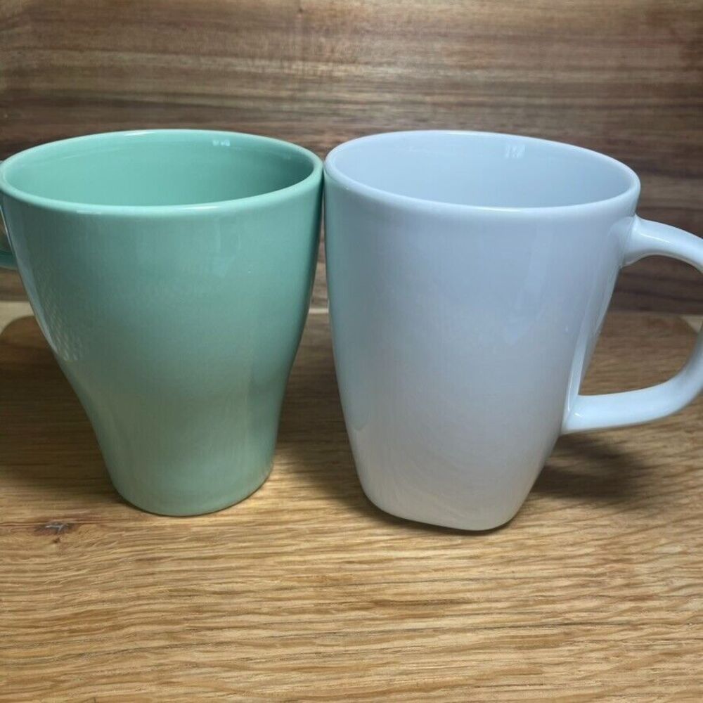 Ikea Sweden Set of 2 Solid White Sage Green Coffee Mugs Cups 8oz  Modern Minimal